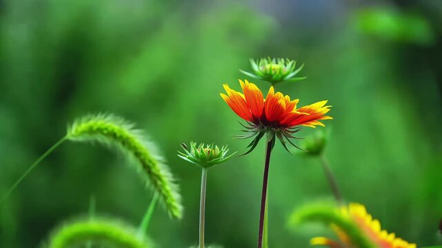 Close-up of an orange wildflower blooming in a green meadow with soft bokeh background.