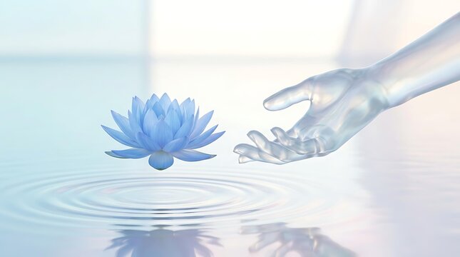 Ethereal 3D render of a blue lotus floating above water ripples with a glass hand reaching for the sacred lotus flower to represent peace and the blooming lotus of enlightenment.