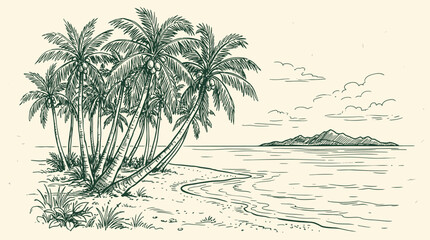 A serene Hand-drawn sketch of palm trees on a tropical island beach by the ocean. © Crushin