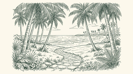 Obraz premium A serene Hand-drawn sketch of palm trees surrounding a winding stone path leading to the ocean.