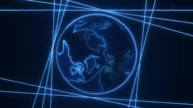 Earth globe animation surrounded by blue laser lines on black. Earth globe global data communication network. Earth globe international digital tech layout.