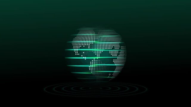 Earth globe animation with green digital matrix world view. Earth globe global geography data visualization. Earth globe computer science system layout.