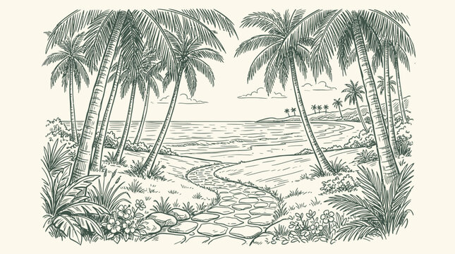 A serene Hand-drawn sketch of palm trees surrounding a winding stone path leading to the ocean.