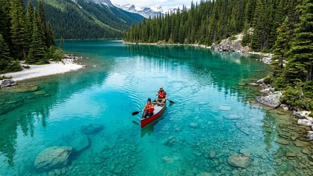Turquoise alpine lake with red canoe, crystal clear mountain water with people paddling, scenic glacial lake surrounded by pine forest