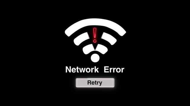 Wifi symbol animation with retry button error notification on black. Wifi symbol wireless network disconnection indicator. Wifi symbol tech help panel.