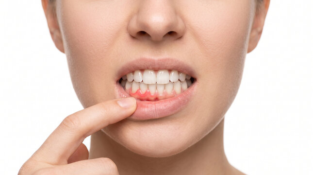 Close up of mild swollen gums with early gingival inflammation around lower front teeth isolated on white background for preventive dental healthcare awareness