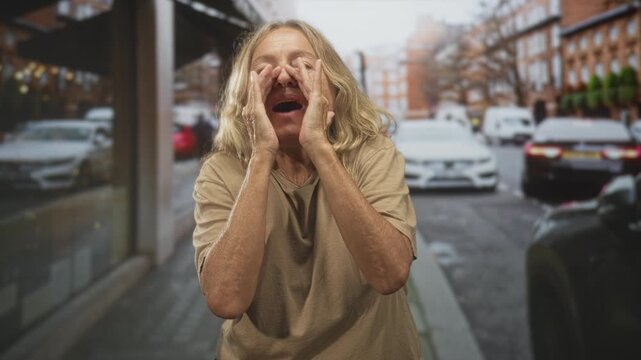 Blonde senior woman cupping hands to mouth calling out toward traffic on a city street, hands visible and raised; urgent call distress.