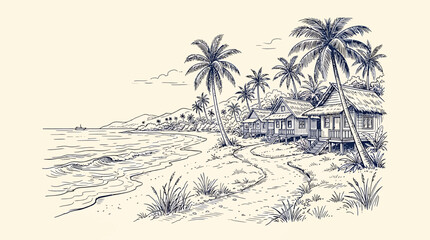 A serene Hand-drawn sketch of palm trees, huts, and beach scenery on a tropical coastline. © Crushin
