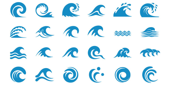 Blue water wave icon featuring ocean splash, sea surf, ripples, nautical symbols, and coastal vector illustration for summer travel.