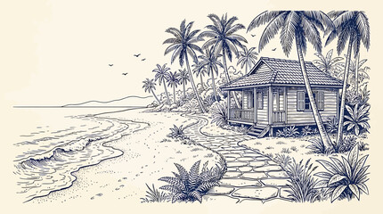 A serene Hand-drawn sketch of a tropical beach hut surrounded by palm trees and lush vegetation along a winding stone path. © Crushin