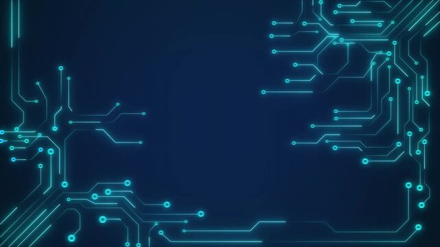 Circuit board animation with blue data nodes and lines. Circuit board microchip electronic layout pattern. Circuit board computing hardware tech background.