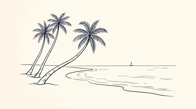 A serene beach scene featuring a Hand-drawn sketch of three palm trees leaning over the sandy shore with gentle waves.