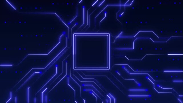 Circuit board animation with central blue processor microchip. Circuit board computer hardware engineering data. Circuit board digital computing tech pattern.