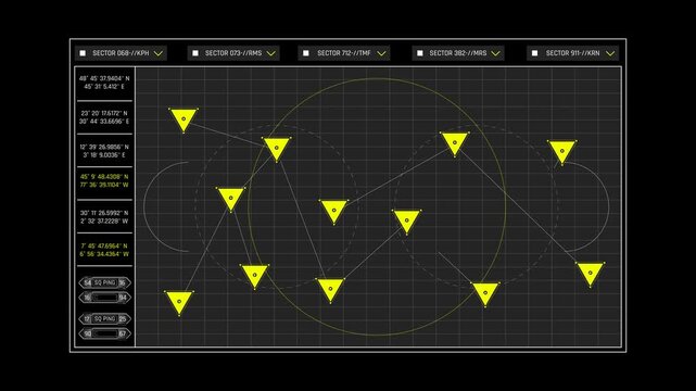 Futuristic Sci Fi HUD GPS Tracking Map with Triangulation Sector Nodes Geolocation Coordinates and Radar Scanner Grid on Black Background