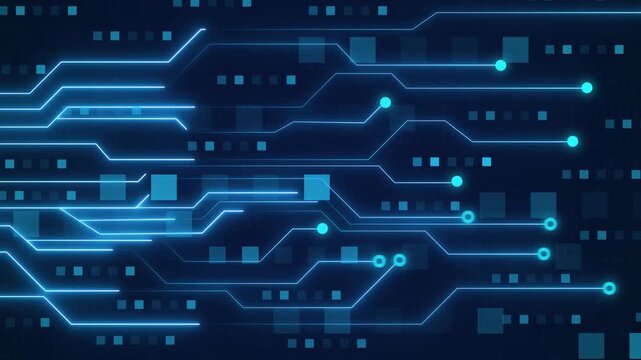 Circuit board animation with blue lines and square data blocks. Circuit board microchip computer hardware data. Circuit board electronic tech pattern on black.