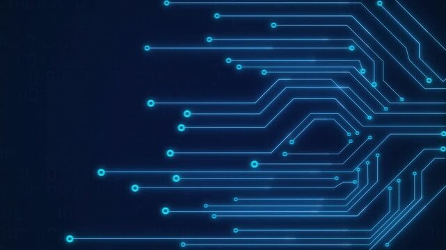 Circuit board animation with blue processing lines on binary code. Circuit board hardware tracking tech system. Circuit board data computing architecture.