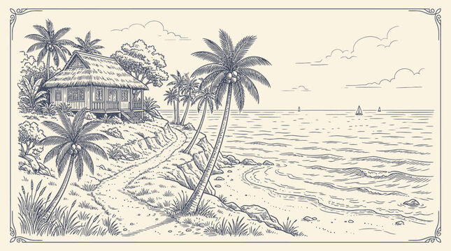 A serene Hand-drawn sketch of a tropical beach house with palm trees and a winding path overlooking the ocean on a sunny day.