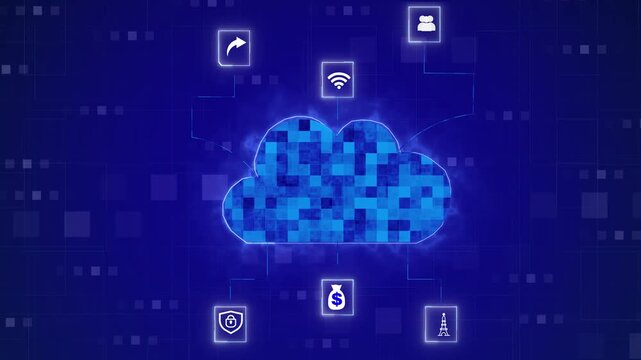 Cloud storage animation with digital network computing service icons. Cloud storage blue data system grid background. Cloud storage wireless server layout.