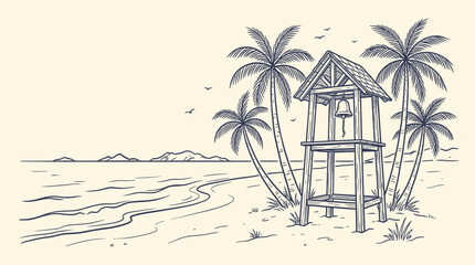 Fototapeta premium A Hand-drawn sketch of a tropical beach scene featuring a lifeguard tower surrounded by palm trees and serene ocean waves.