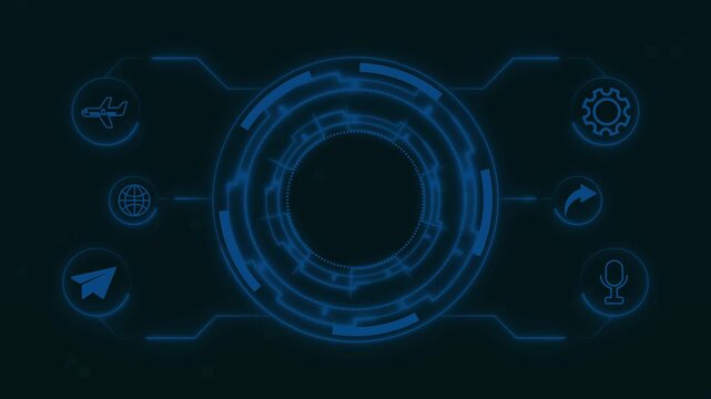 HUD interface animation with digital communication and technology icons. HUD interface data networking system. HUD interface data telemetry layout panel.