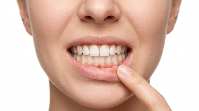 Close up of mild dental plaque buildup along lower front teeth gumline isolated on white background for preventive oral hygiene and dental healthcare awareness