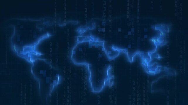 World map animation with blue glowing continents network data. World map international digital binary code overlay. World map global connectivity layout.