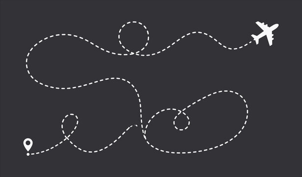 Airplane with dashed travel route path illustration, journey concept design showing location marker and exploration adventure
