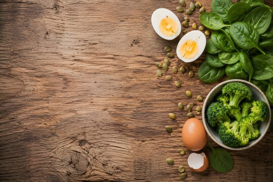 Healthy vegetables and protein foods with broccoli, spinach and eggs on rustic wooden background