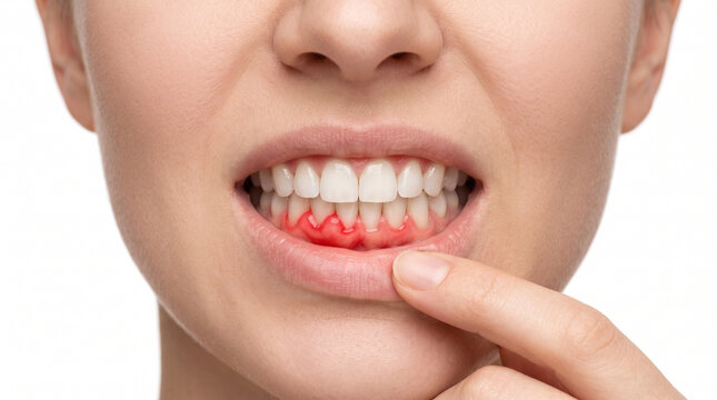 Close up of severe swollen gums with advanced gingival inflammation around lower front teeth isolated on white background for professional dental healthcare education