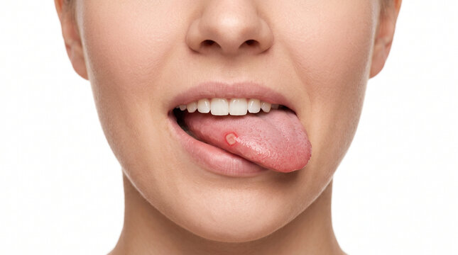 Close up of adult tongue with a single aphthous canker sore tongue ulcer isolated on white background for dental healthcare and medical education