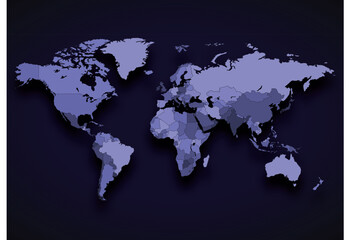 Fototapeta premium World Map in Purple Blue Tones, 3D Countries on Dark Background Vector