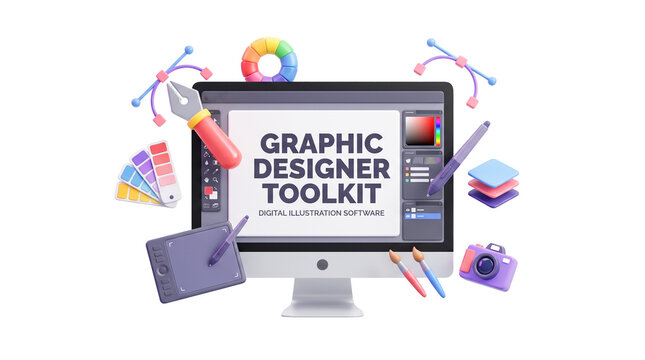 3D render of a computer monitor surrounded by floating graphic design equipment icons and a pen tool