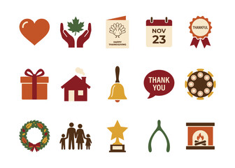 Fototapeta premium Happy Thanksgiving Celebration Flat Icon Set containing Heart Calendar Card Ribbon Gift Box Haunted Fireplace Wishbone and Family Silhouette Vector