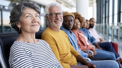 Fototapeta premium Diverse group of people from different backgrounds waiting together in a modern airport lounge