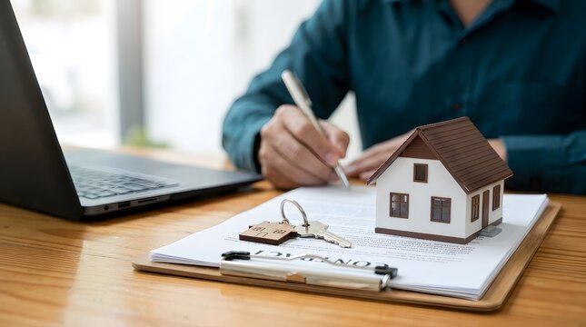 Real estate agent or buyer signing a new home purchase contract with a miniature house model and keys on a desk