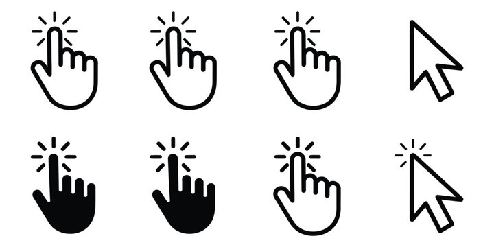 Computer mouse pointer icons featuring clicking cursor symbols, hand pointers, selection arrows, and navigation vector illustration.