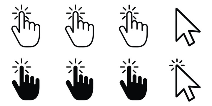 Computer mouse pointer icons featuring clicking cursor symbols, hand pointers, selection arrows, and navigation vector illustration.