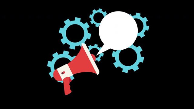 Megaphone with Speech Bubble and Gears Marketing Communication Animation 