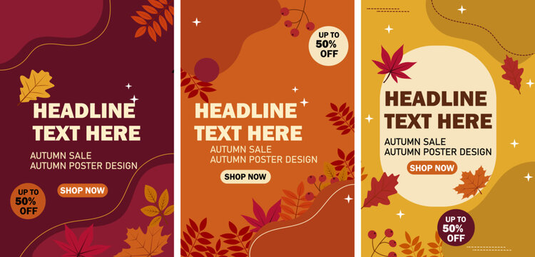 Autumn sale poster design template set with falling leaves and seasonal foliage elements for discount promotion banners