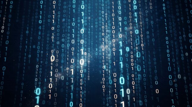 Modern abstract background with vertical binary code streams in blue light effect representing digital data transmission and high speed computer network operations