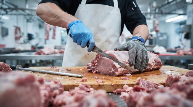 Butcher in protective equipment cutting fresh raw meat on wooden board in commercial kitchen using safety chainmail glove for industrial food processing safety standards