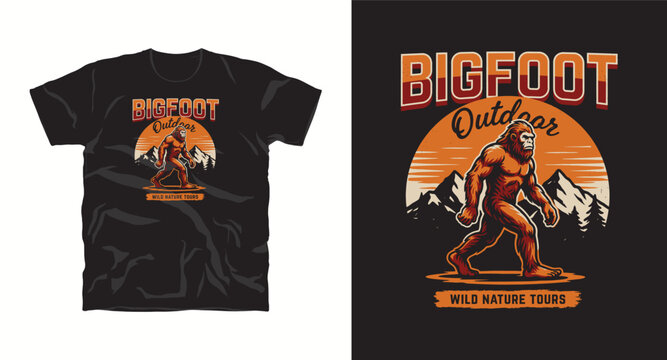 Bigfoot outdoor wild nature tours vintage t-shirt design with sasquatch character walking in mountains landscape silhouette background.
