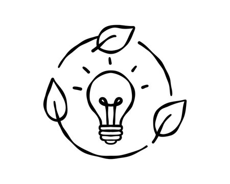 Light bulb surrounded by circulating leaves, symbolizing sustainable innovation, renewable energy, ecological thinking, conservation and circular business values. Vector illustration.