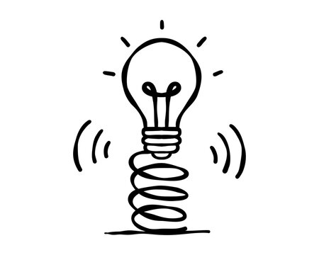 Glowing light bulb bouncing on a coil spring, symbolizing flexible thinking, resilience, dynamic creativity, surprising invention, energy and innovative momentum. Vector illustration.