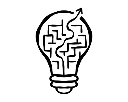 Hand drawn light bulb containing a maze with an upward exit arrow, symbolizing solving complex challenges, finding answers, strategic direction and business progress. Vector illustration.