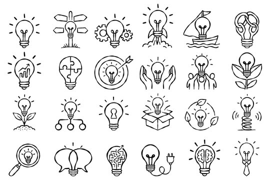 Hand drawn collection of business light bulb icons with strategy, teamwork, growth, ecology, research, communication, technology and creative solution concepts. Vector illustration.