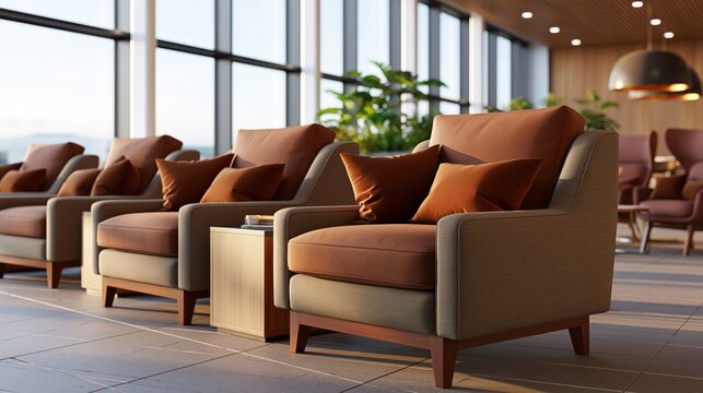Spacious airport lounge interior with rows of comfortable seating and natural light