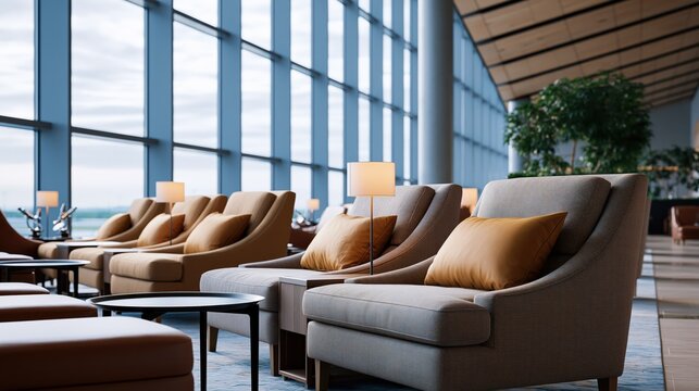 Spacious airport lounge interior with rows of comfortable seating and large windows