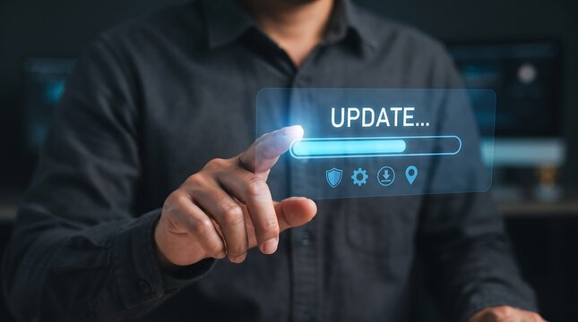 Business professional pressing virtual loading bar for system update on translucent screen in dimly lit office setting representing software maintenance and digital evolution