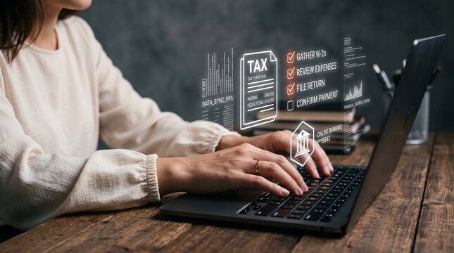 Woman filing tax return online on laptop. Digital tax form processing on computer screen.